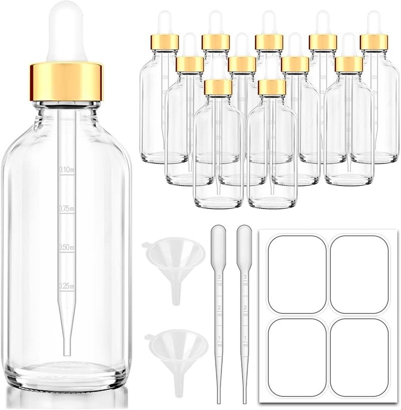 Bumobum Dropper Bottles 4oz, 12 Pack Clear Glass Eye Dropper Bottle for Essential Oils with Labels and Funnels, Tincture Bottles with Golden Top (Unbreakable Plastic Dropper with Measurements) - Image 1